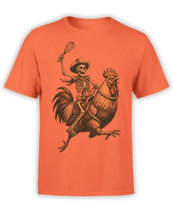 Skeleton cowboy riding a rooster with a whisk on an orange T-shirt in vintage dark linework