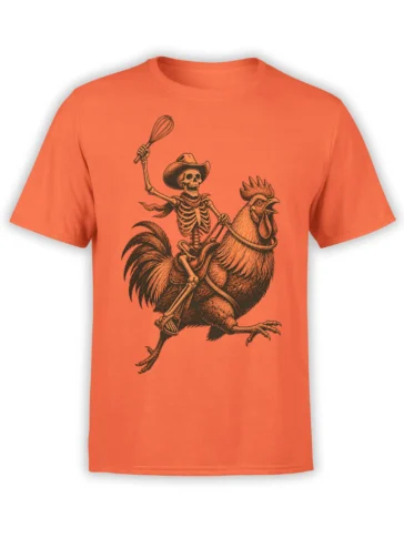 Skeleton cowboy riding a rooster with a whisk on an orange T-shirt in vintage dark linework