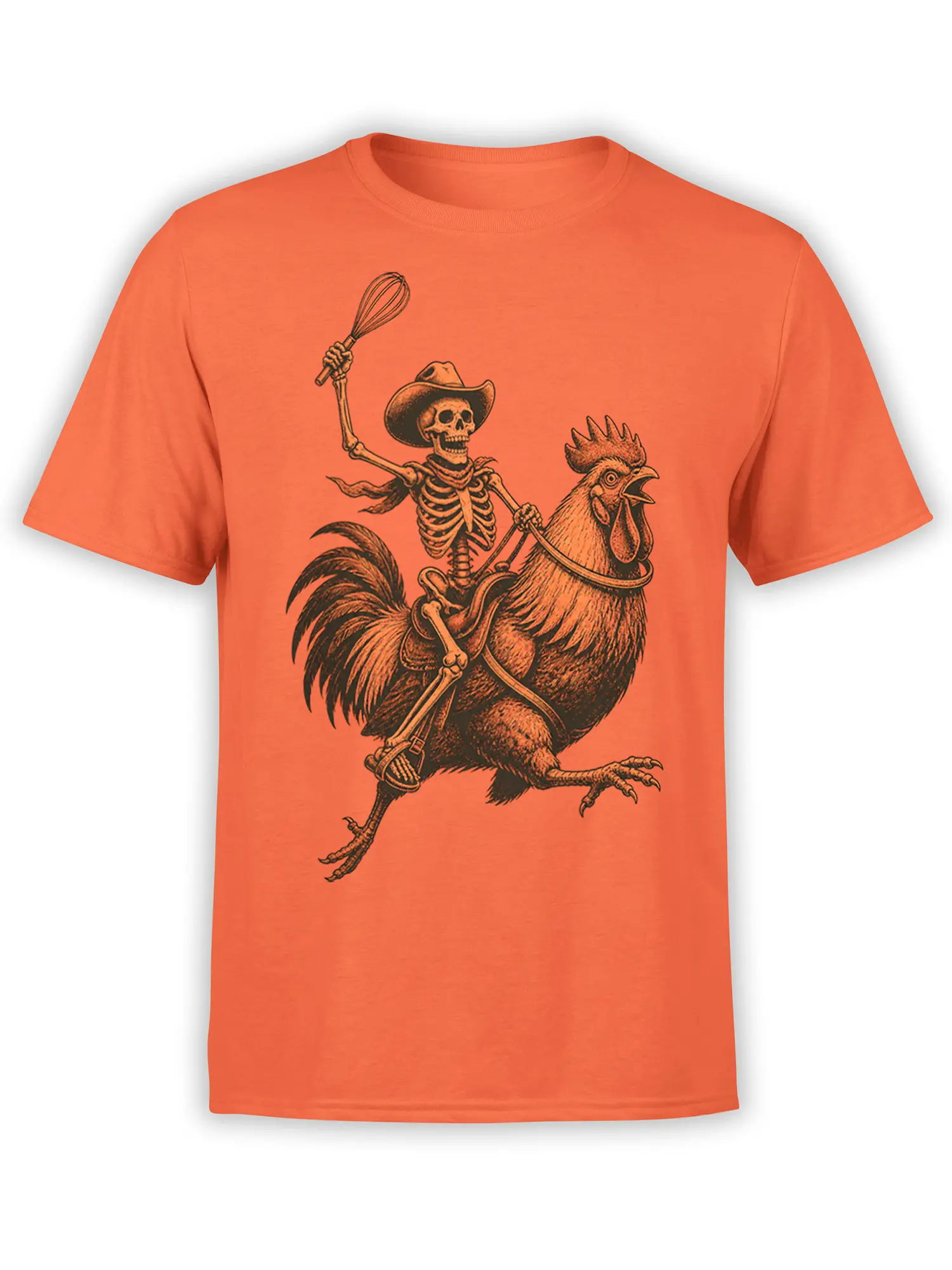 Skeleton cowboy riding a rooster with a whisk on an orange T-shirt in vintage dark linework