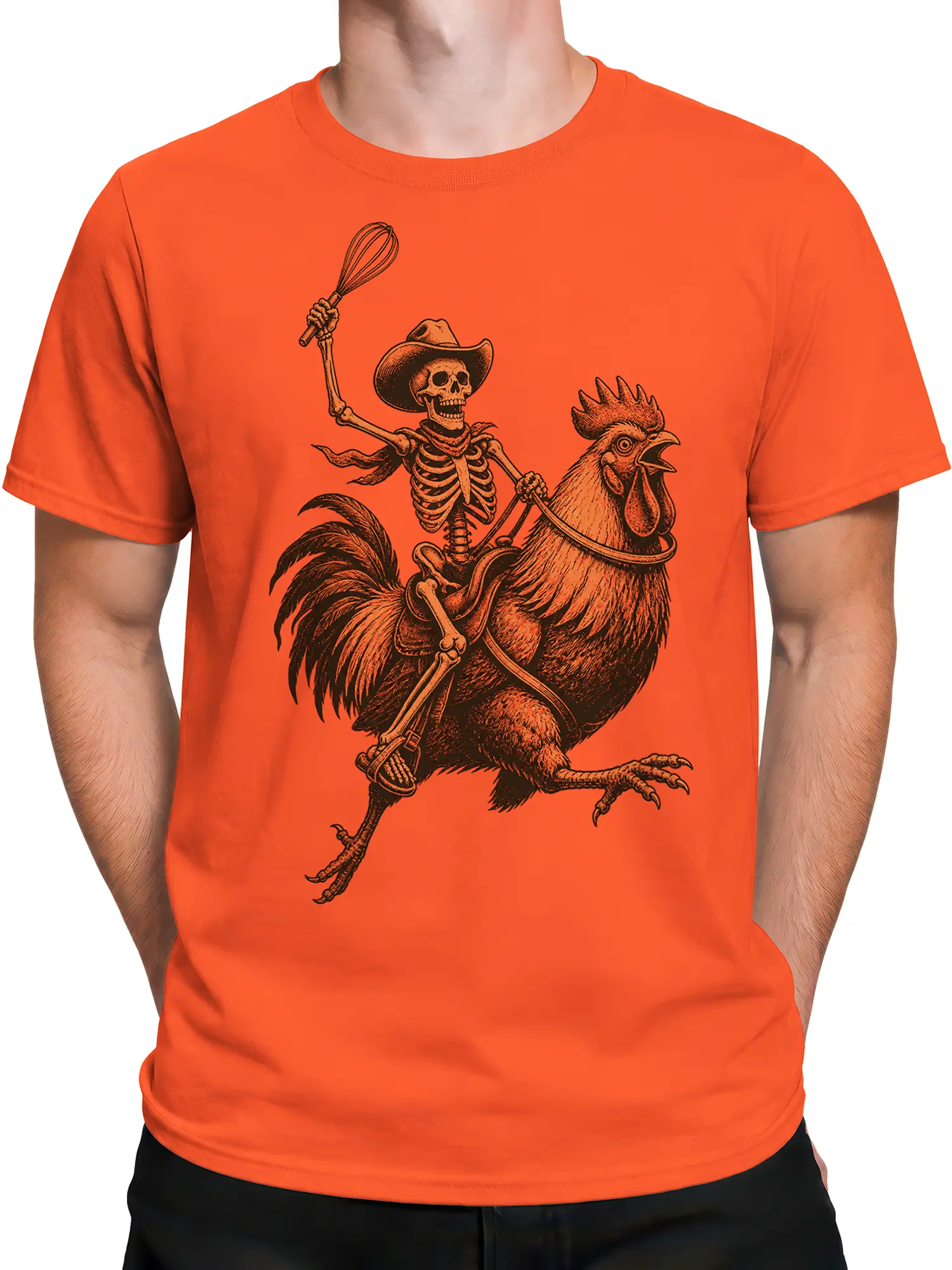 Male torso wearing an orange skeleton cowboy rooster graphic T-shirt