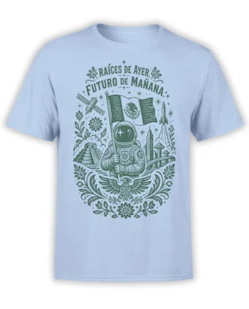 Mexican astronaut space design with flag, rocket, pyramid, eagle, and Spanish text on a light blue T-shirt