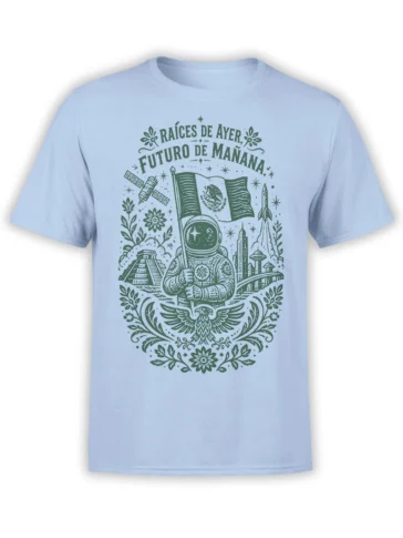 Mexican astronaut space design with flag, rocket, pyramid, eagle, and Spanish text on a light blue T-shirt