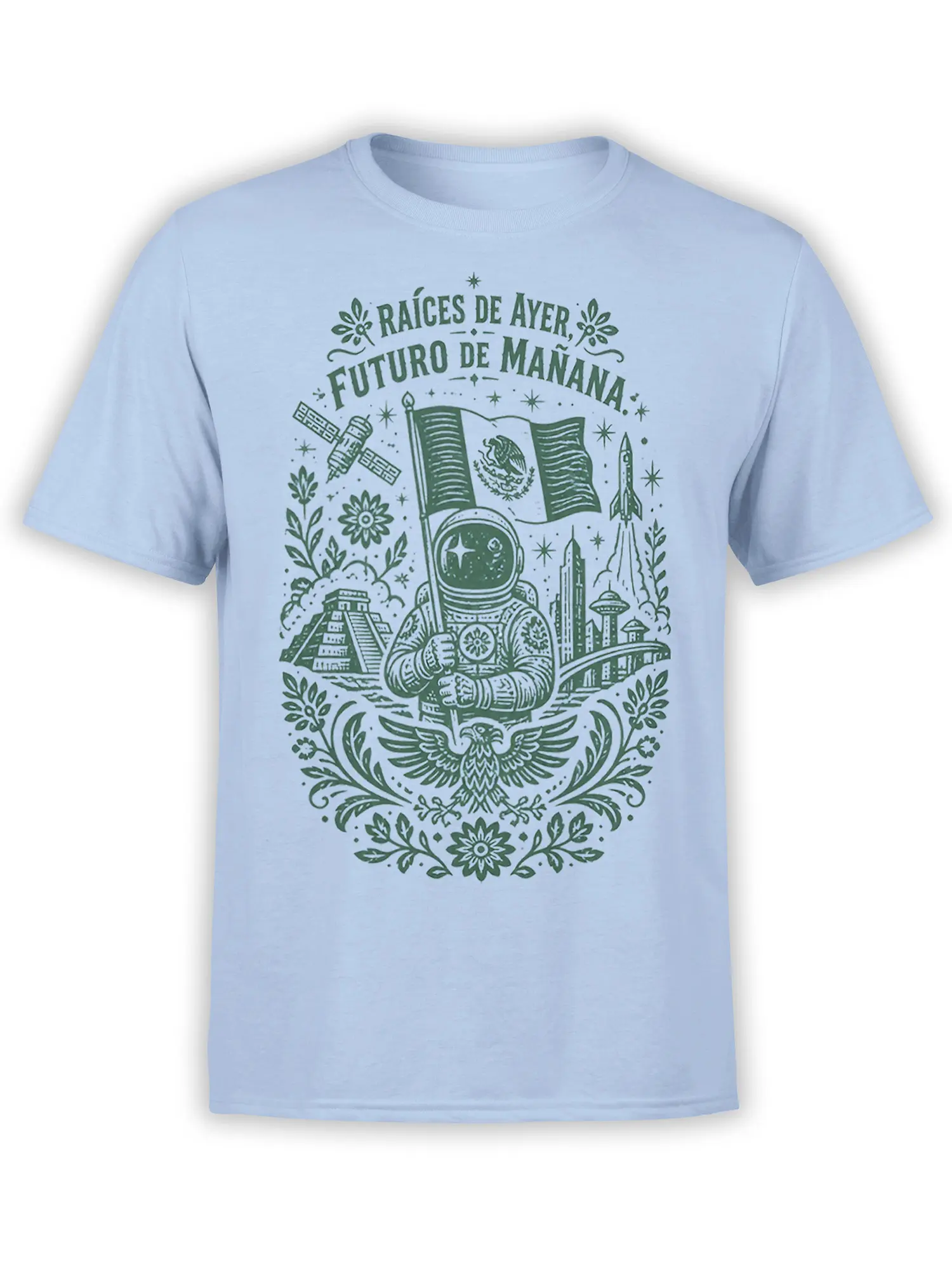 Mexican astronaut space design with flag, rocket, pyramid, eagle, and Spanish text on a light blue T-shirt