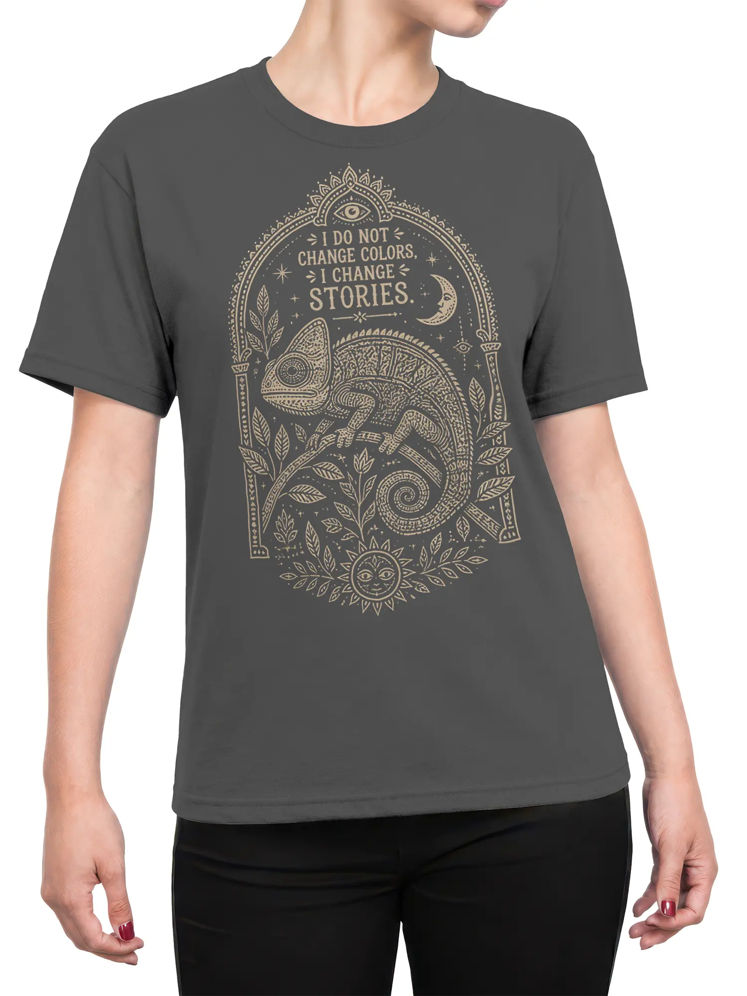Female torso wearing a gray chameleon T-shirt with mystical artwork and changing-stories lettering