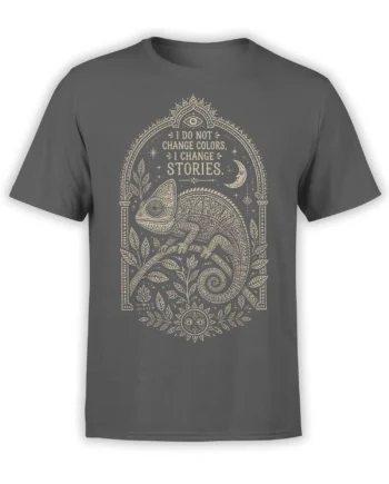 Gray chameleon T-shirt with ornate cream artwork, moon, sun face, eye symbols, and changing-stories text