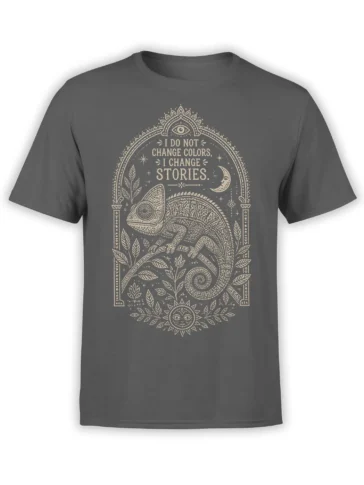 Gray chameleon T-shirt with ornate cream artwork, moon, sun face, eye symbols, and changing-stories text