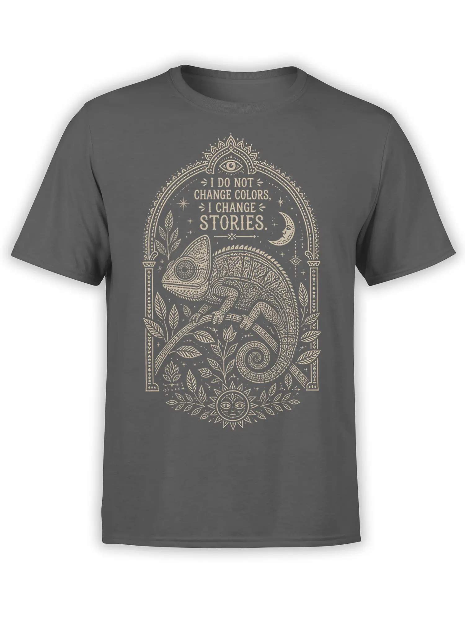 Gray chameleon T-shirt with ornate cream artwork, moon, sun face, eye symbols, and changing-stories text