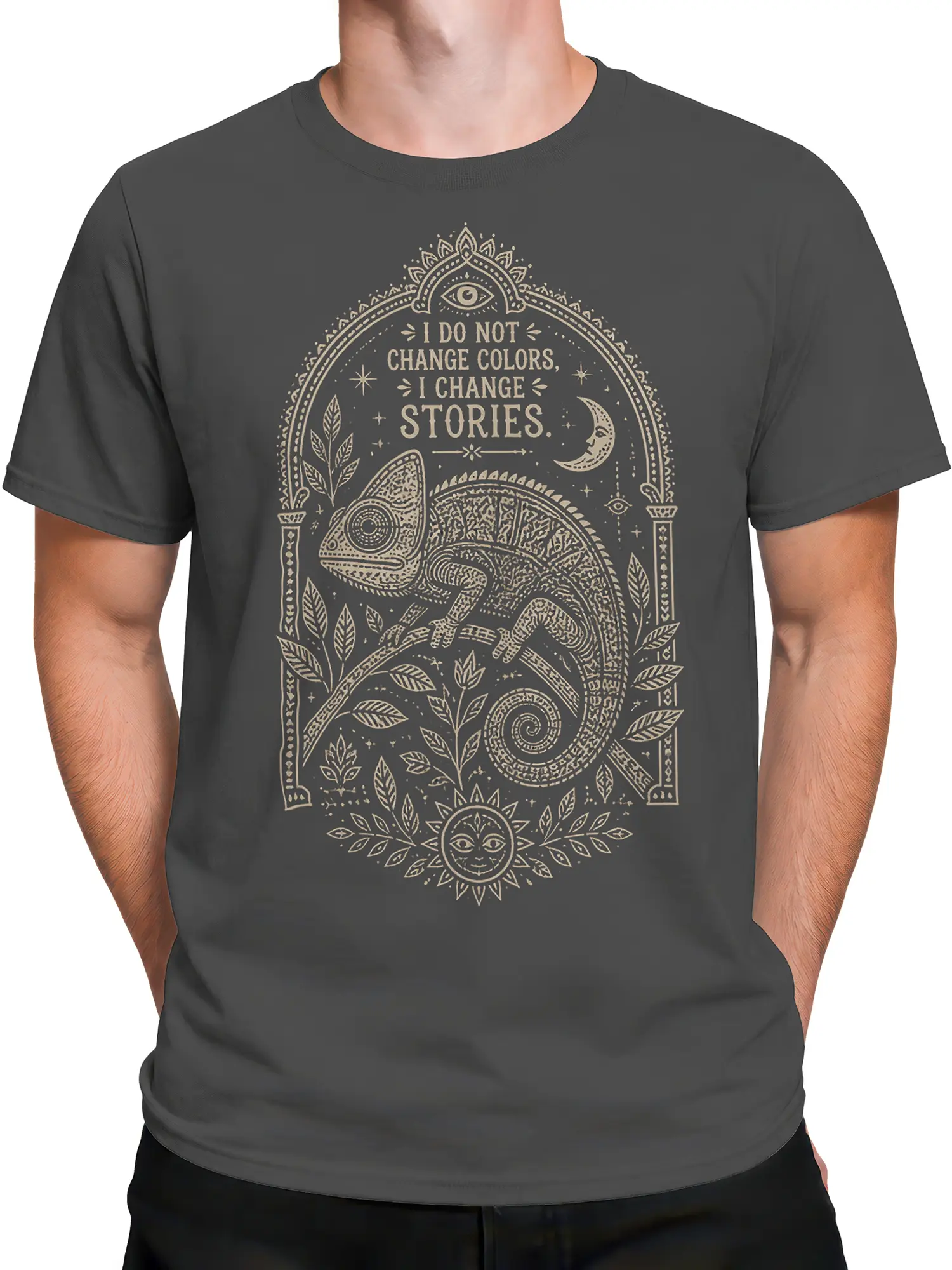 Male torso wearing a gray chameleon T-shirt with ornate celestial artwork and story-changing text
