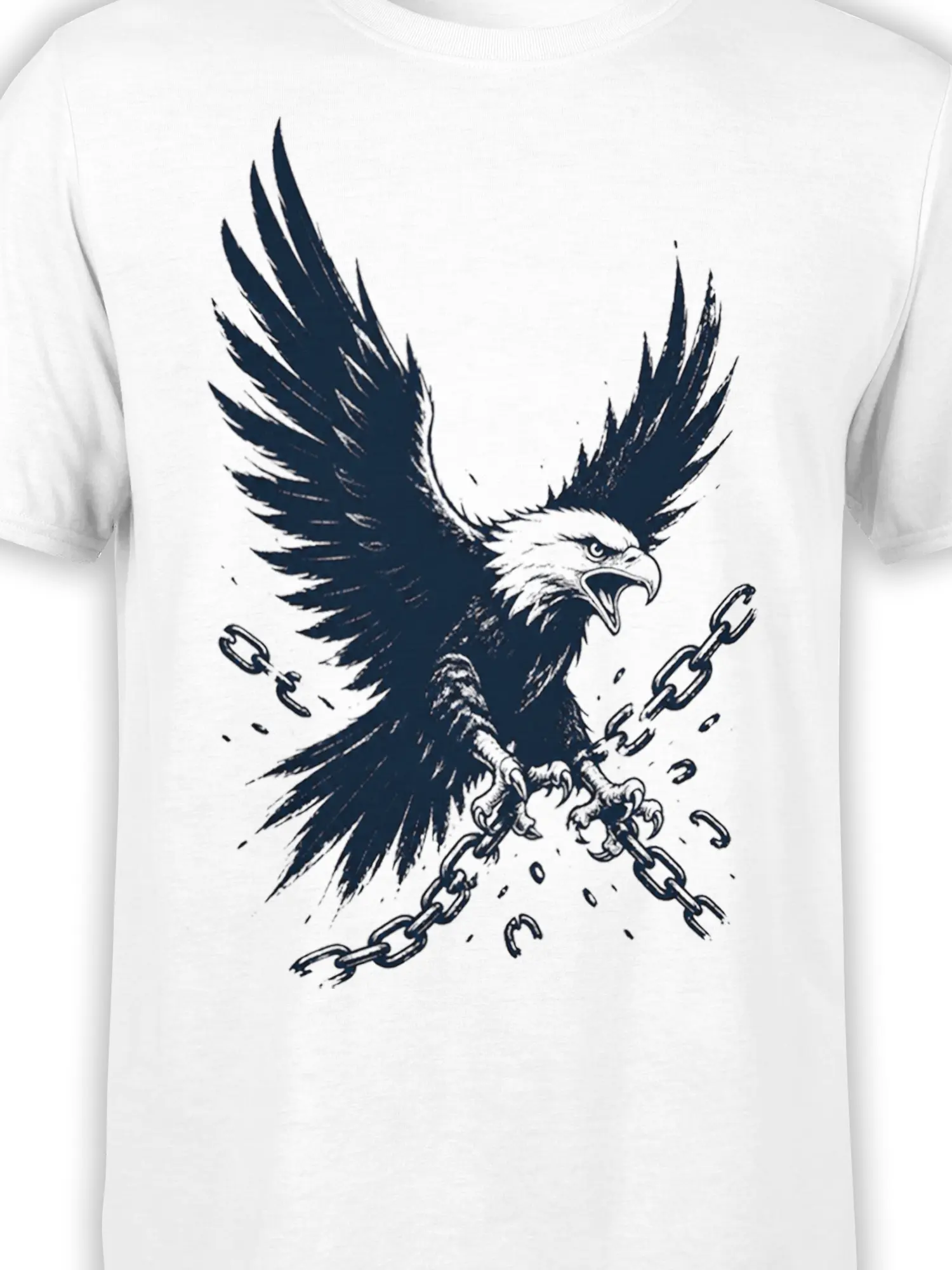 Close-up of the dark eagle, sharp talons, spread feathers, and broken chains on a white graphic T-shirt