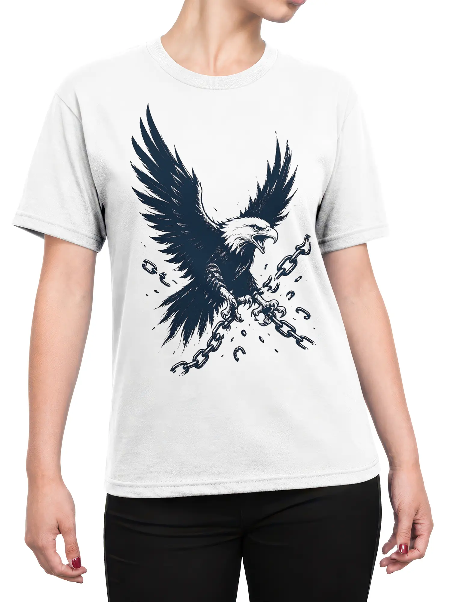 Female torso wearing a white T-shirt with a fierce eagle and broken chains in dark ink artwork