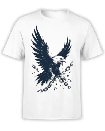 White T-shirt featuring a fierce dark eagle with spread wings and broken chains in an ink-style design