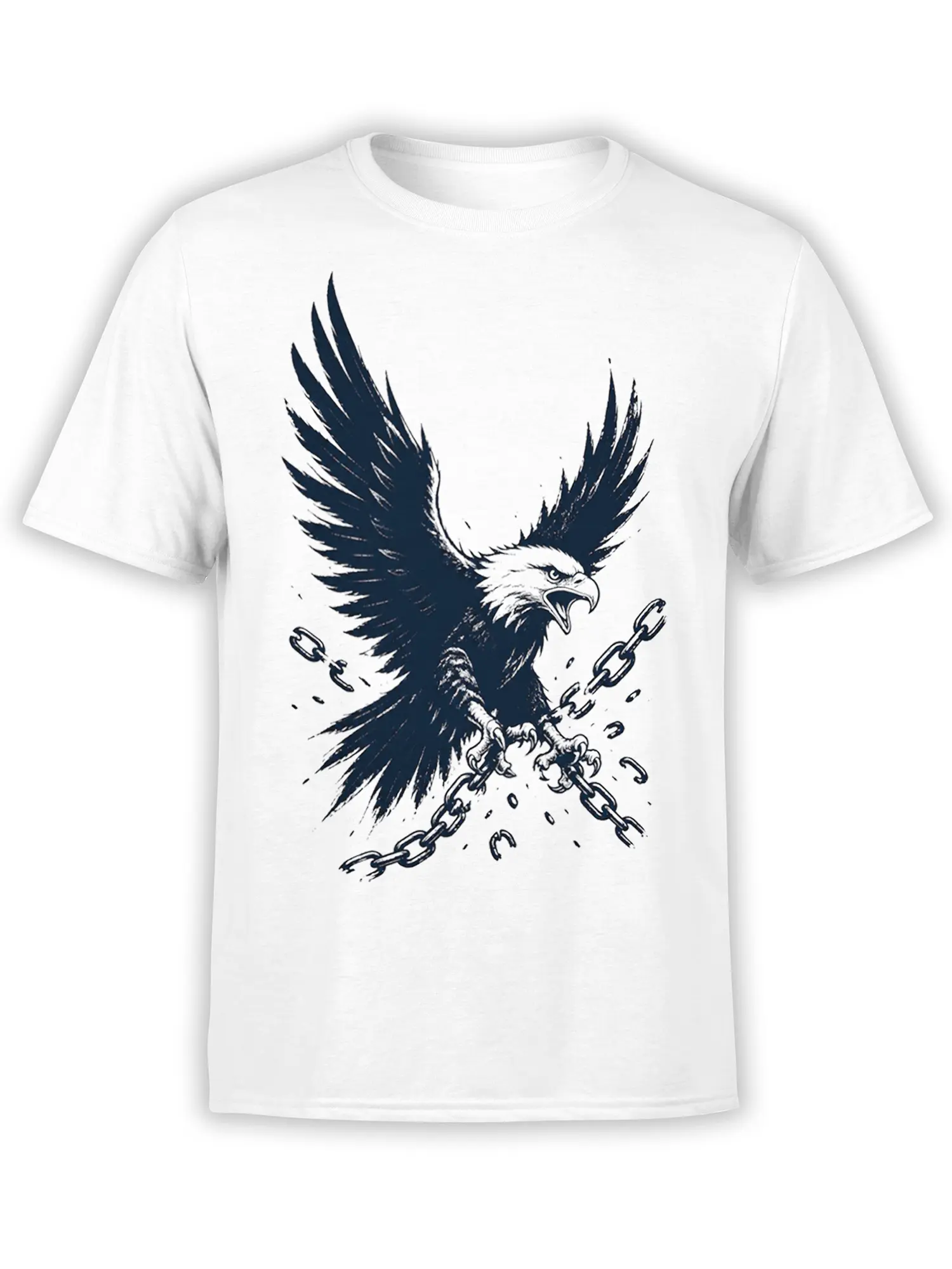 White T-shirt featuring a fierce dark eagle with spread wings and broken chains in an ink-style design