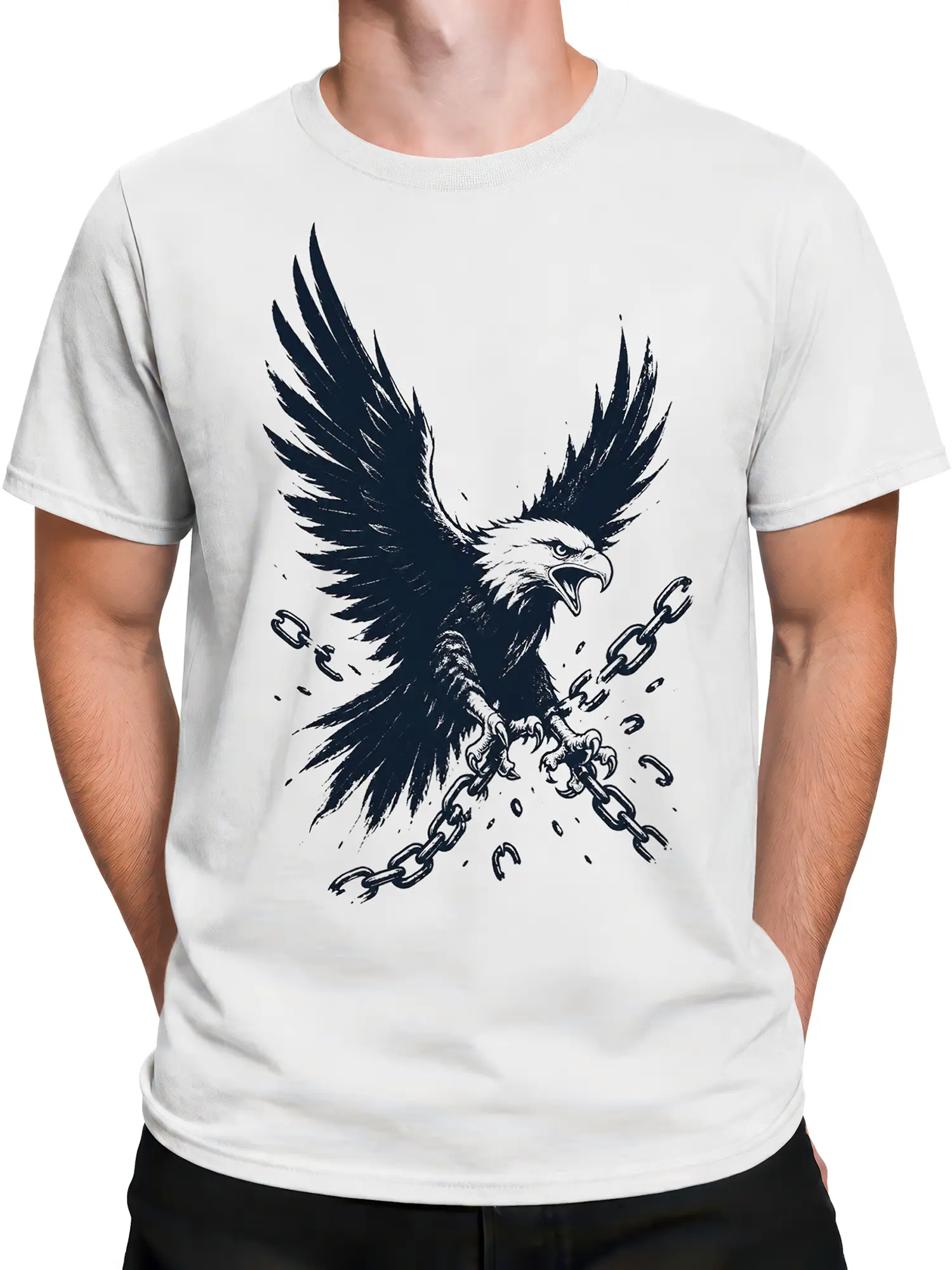 Male torso wearing a white eagle T-shirt with spread wings and broken chains in dark ink artwork
