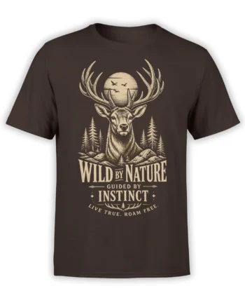 Dark brown deer T-shirt with antlers, moon, pine trees, and “Wild by Nature” vintage artwork