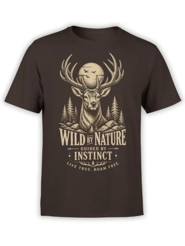 Dark brown deer T-shirt with antlers, moon, pine trees, and “Wild by Nature” vintage artwork