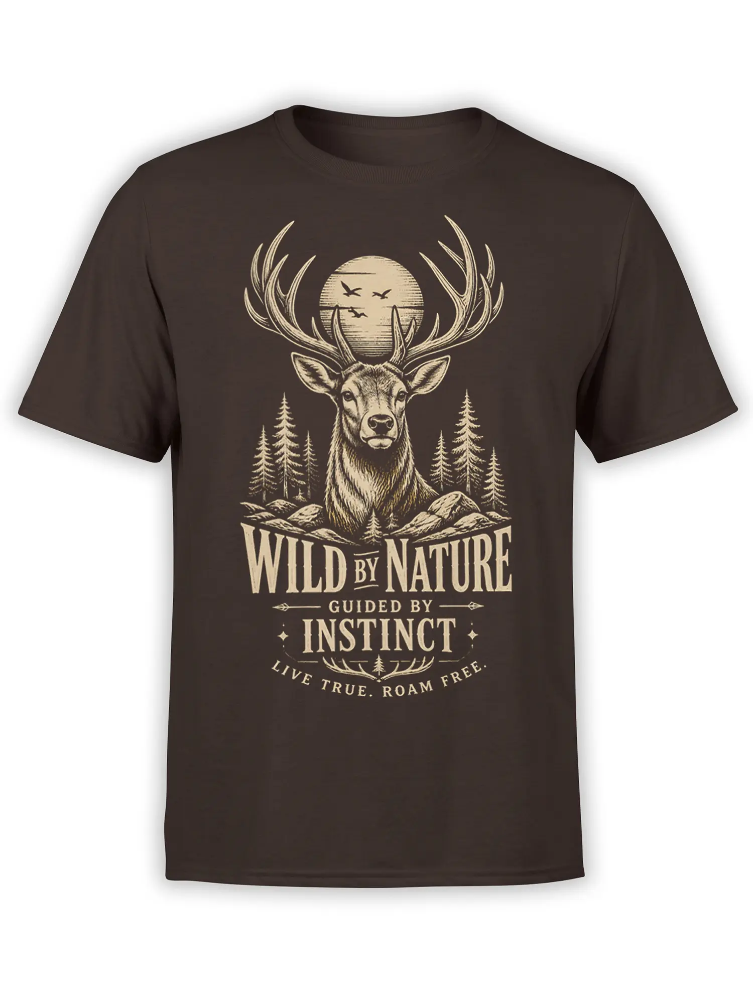 Dark brown deer T-shirt with antlers, moon, pine trees, and “Wild by Nature” vintage artwork