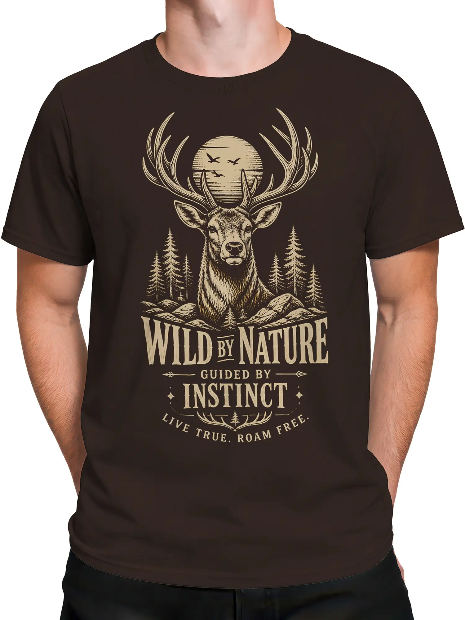 Male torso wearing a dark brown vintage deer T-shirt with antlers, pine trees, and moon artwork