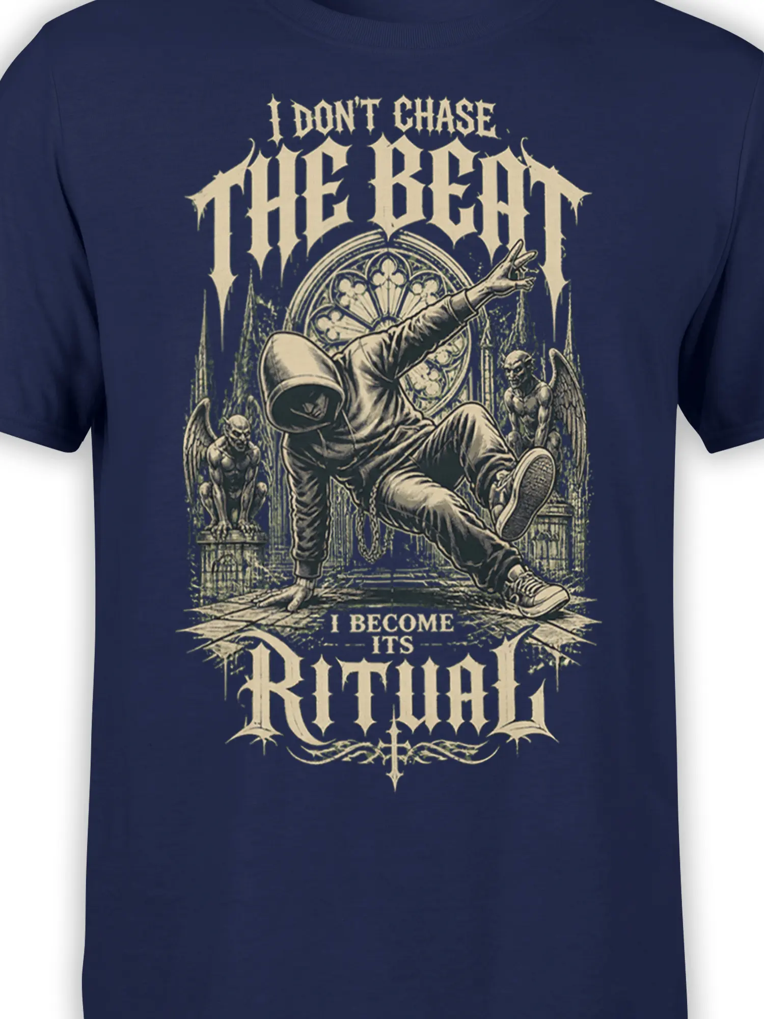 Close-up of the hooded dancer, stained glass, gargoyles, and gothic Rhythm Ritual lettering on navy fabric