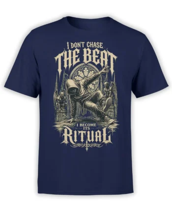 Hooded dancer performing before stained glass and gargoyles on a navy Rhythm Ritual T-shirt