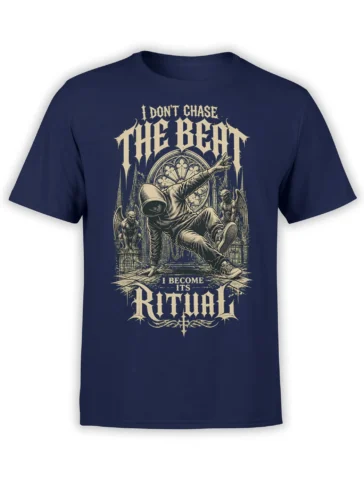 Hooded dancer performing before stained glass and gargoyles on a navy Rhythm Ritual T-shirt
