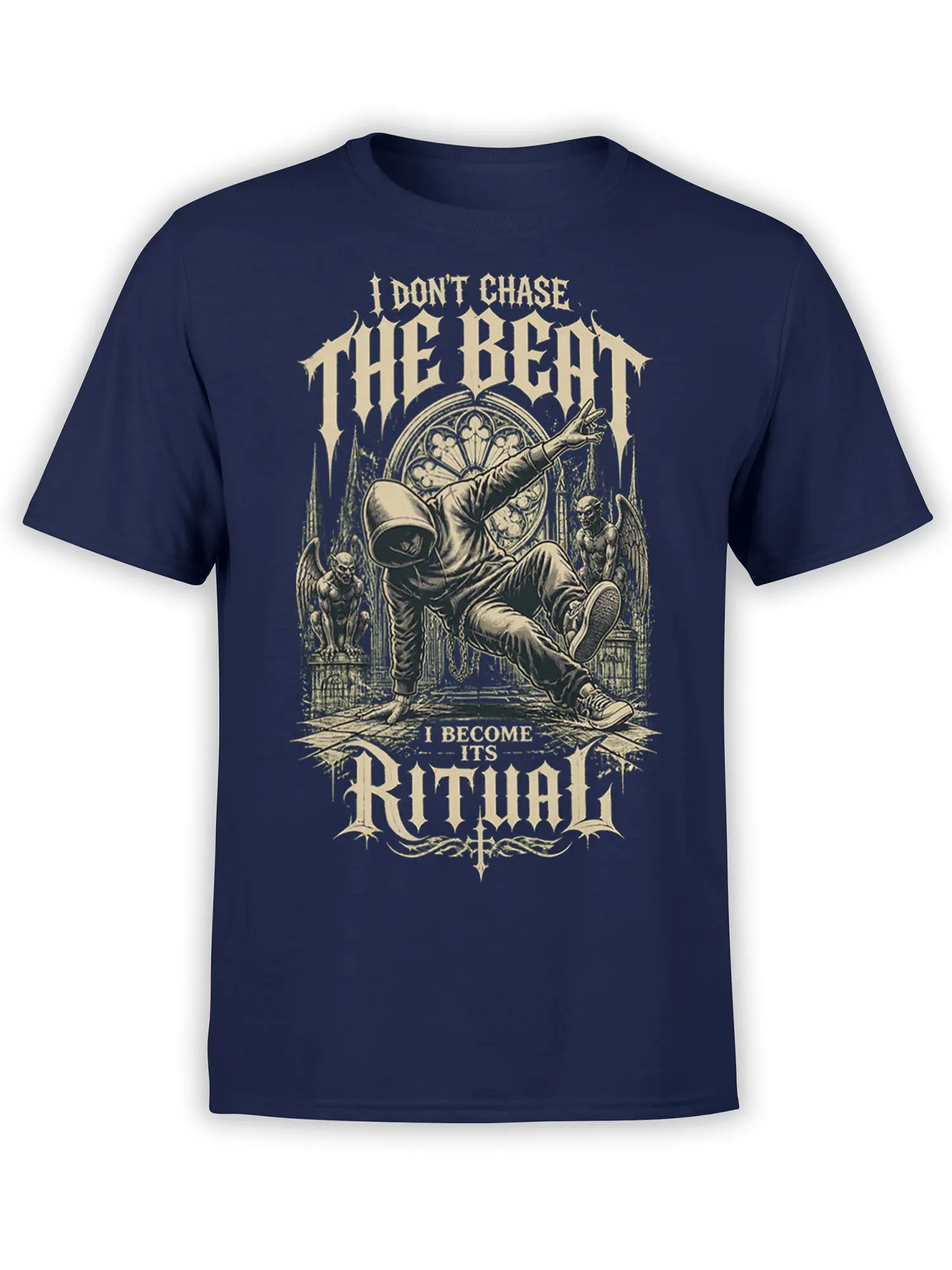 Hooded dancer performing before stained glass and gargoyles on a navy Rhythm Ritual T-shirt