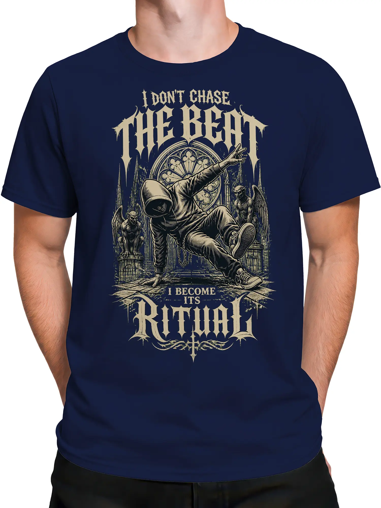Male torso wearing a navy gothic dance T-shirt with a hooded dancer and stained-glass design
