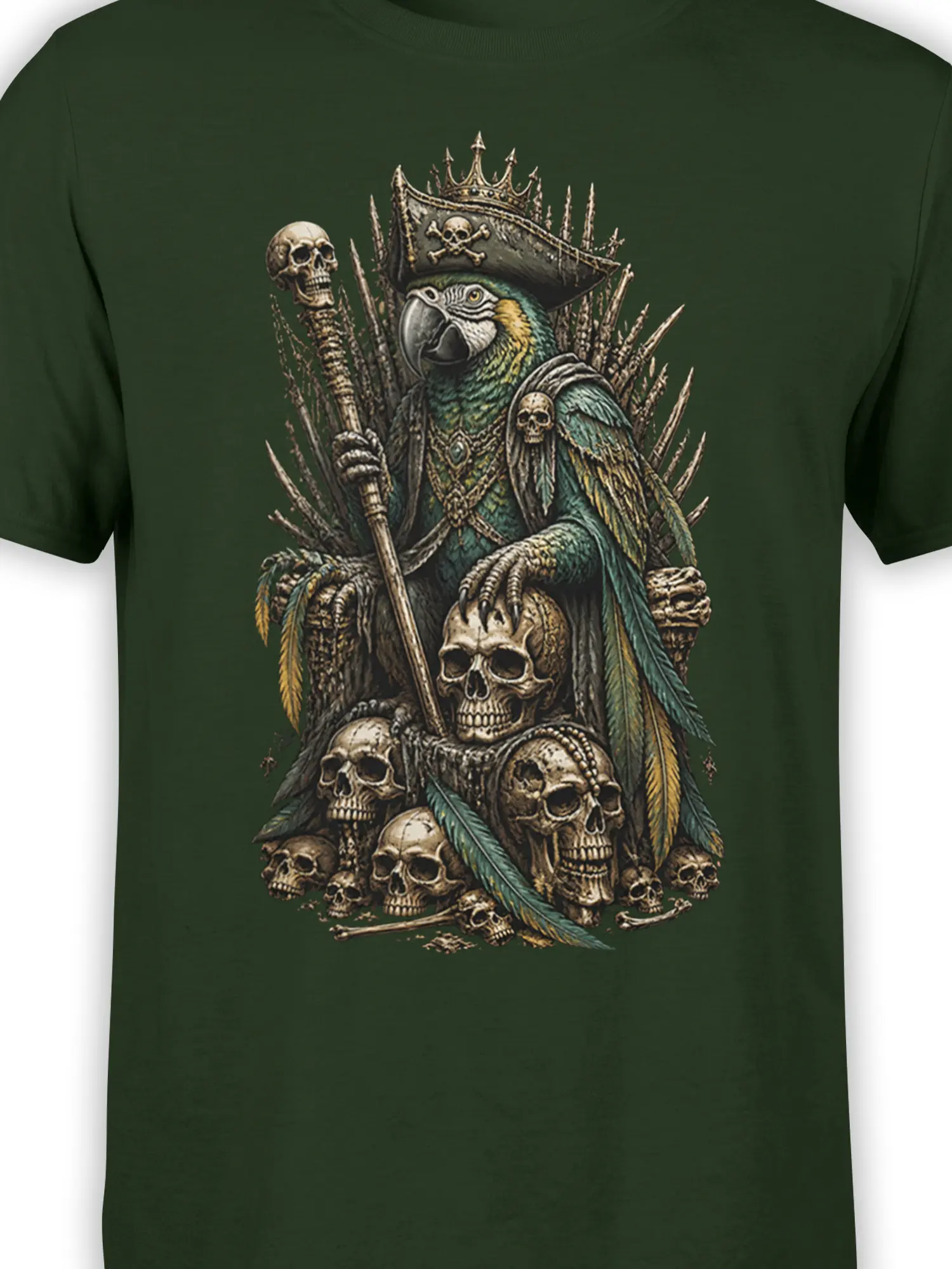 Close-up of crowned parrot and skull throne fantasy artwork printed on a dark green shirt