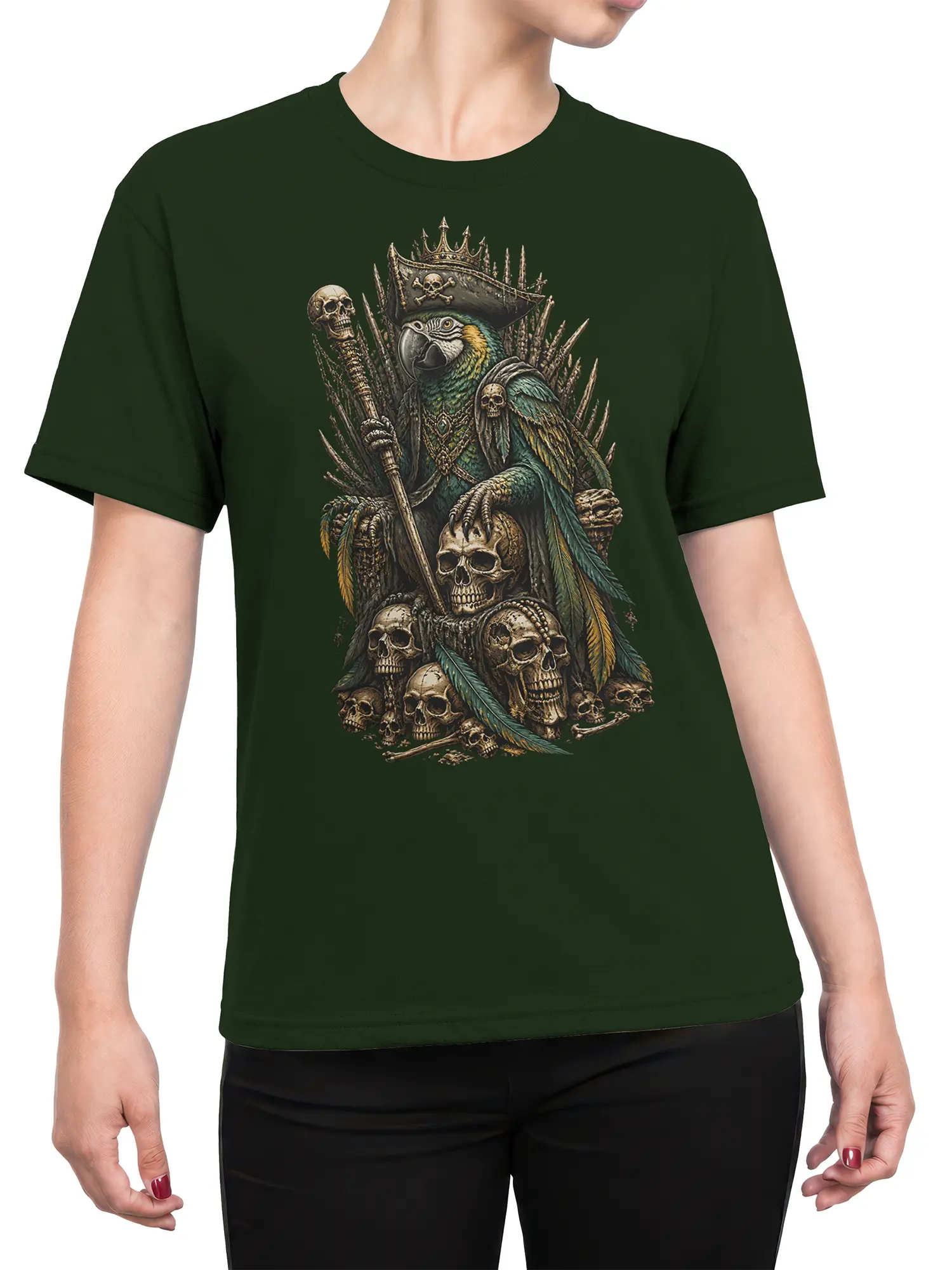 Female torso wearing a dark green T-shirt with crowned parrot and skull throne artwork