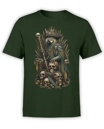 Dark green T-shirt with crowned parrot seated on a skull throne and holding a staff