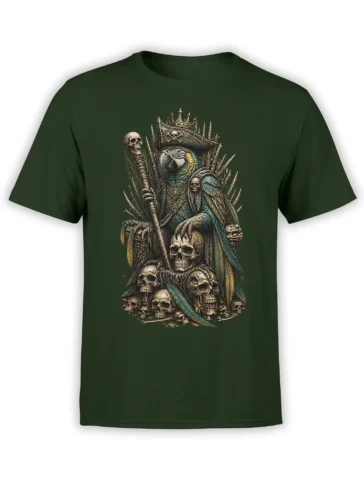 Dark green T-shirt with crowned parrot seated on a skull throne and holding a staff