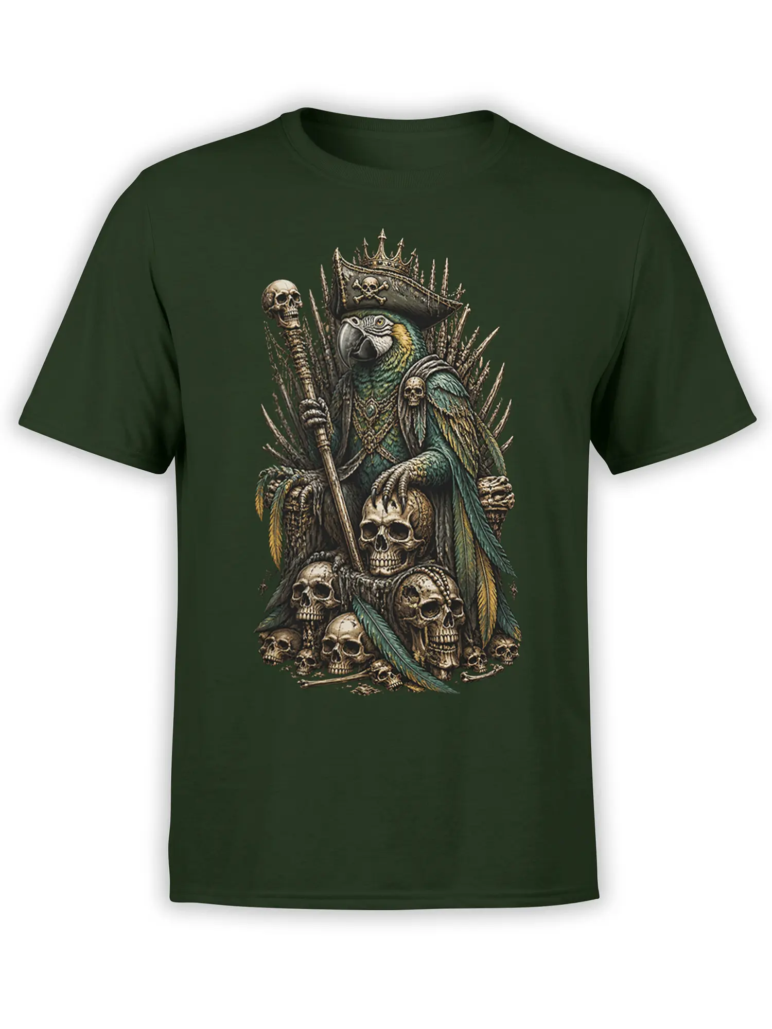 Dark green T-shirt with crowned parrot seated on a skull throne and holding a staff