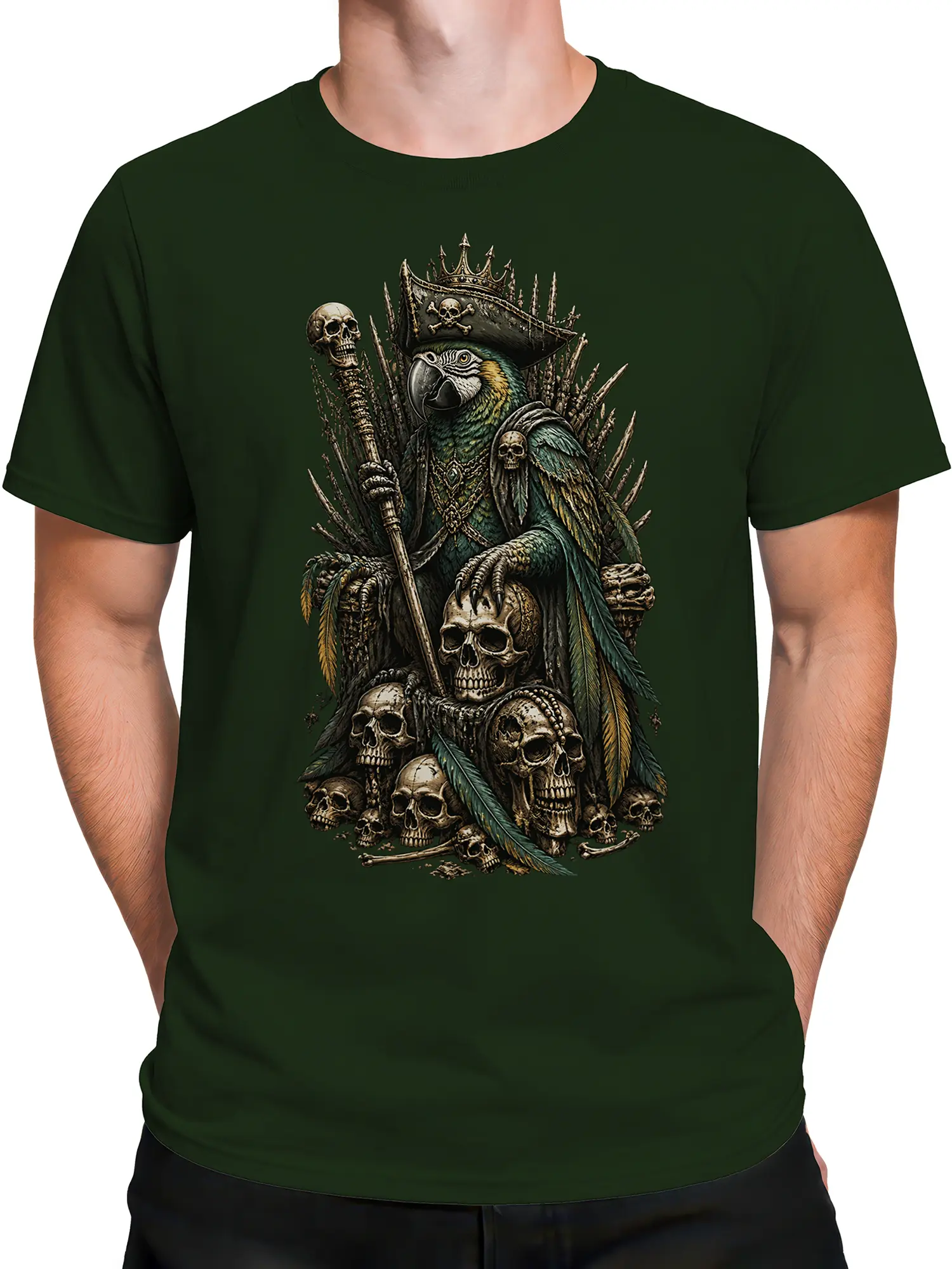Male torso wearing a dark green T-shirt with crowned parrot skull throne artwork
