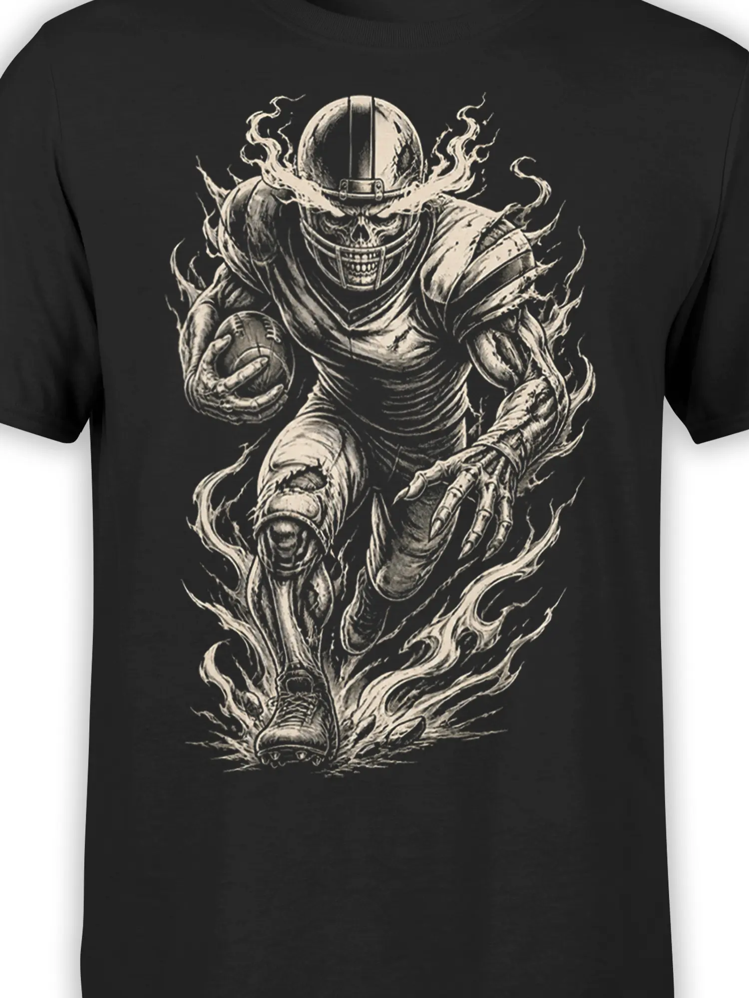 Close-up of the skeletal football warrior, helmet, armor, football, and flames on black fabric