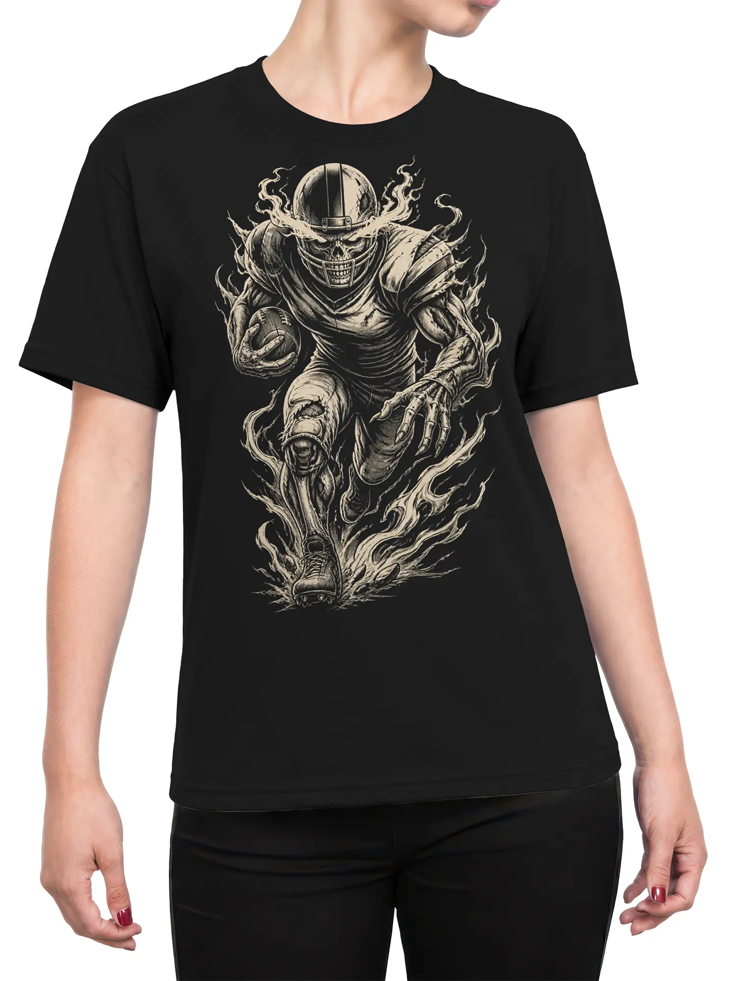Female torso wearing a black T-shirt with an armored skeletal football warrior and flame artwork