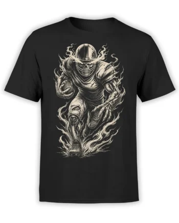 Armored skeletal football warrior charging with a ball through flames on a black T-shirt