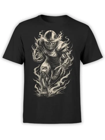 Armored skeletal football warrior charging with a ball through flames on a black T-shirt