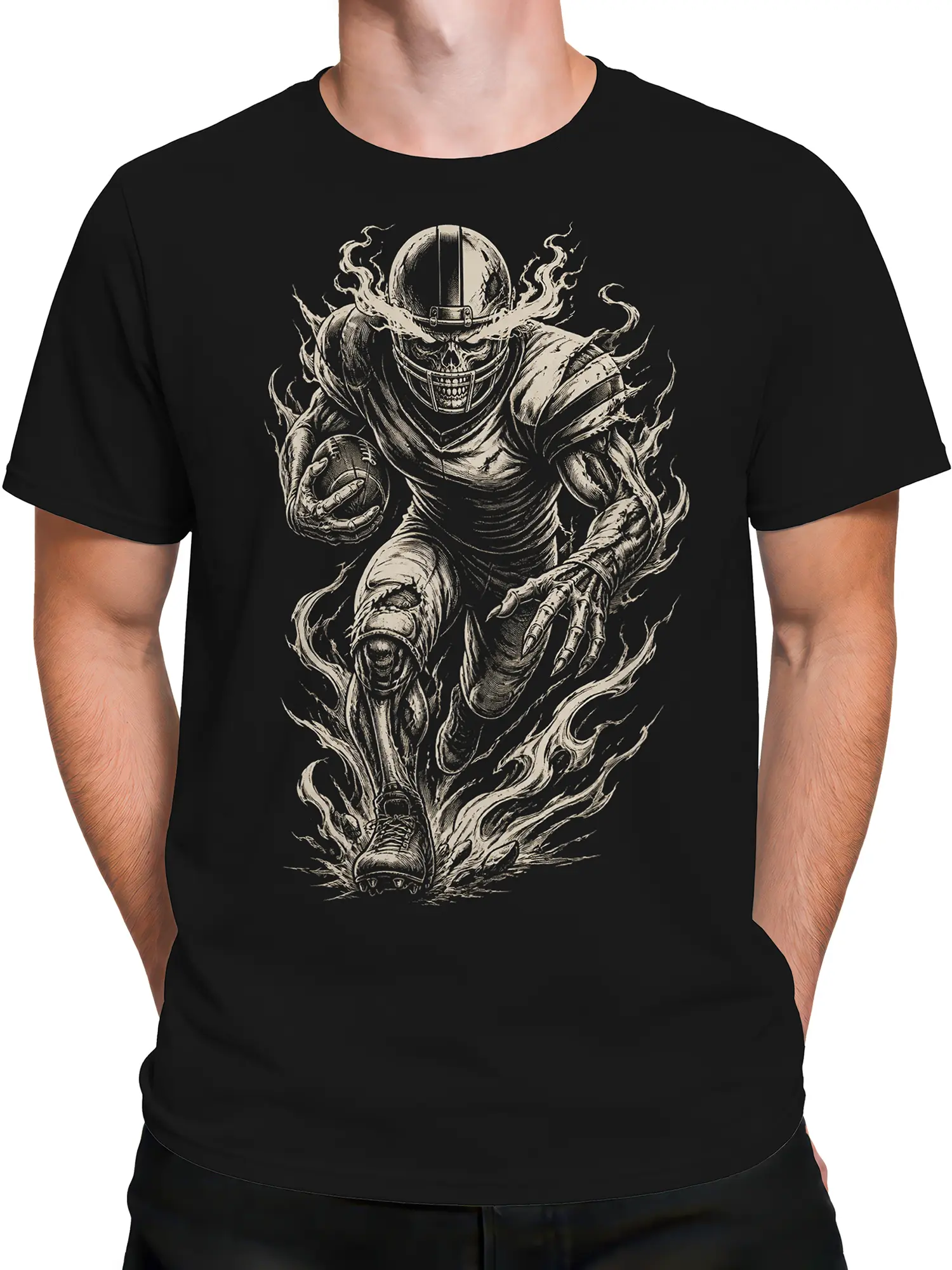 Male torso wearing a black T-shirt with a skeletal football warrior carrying a ball