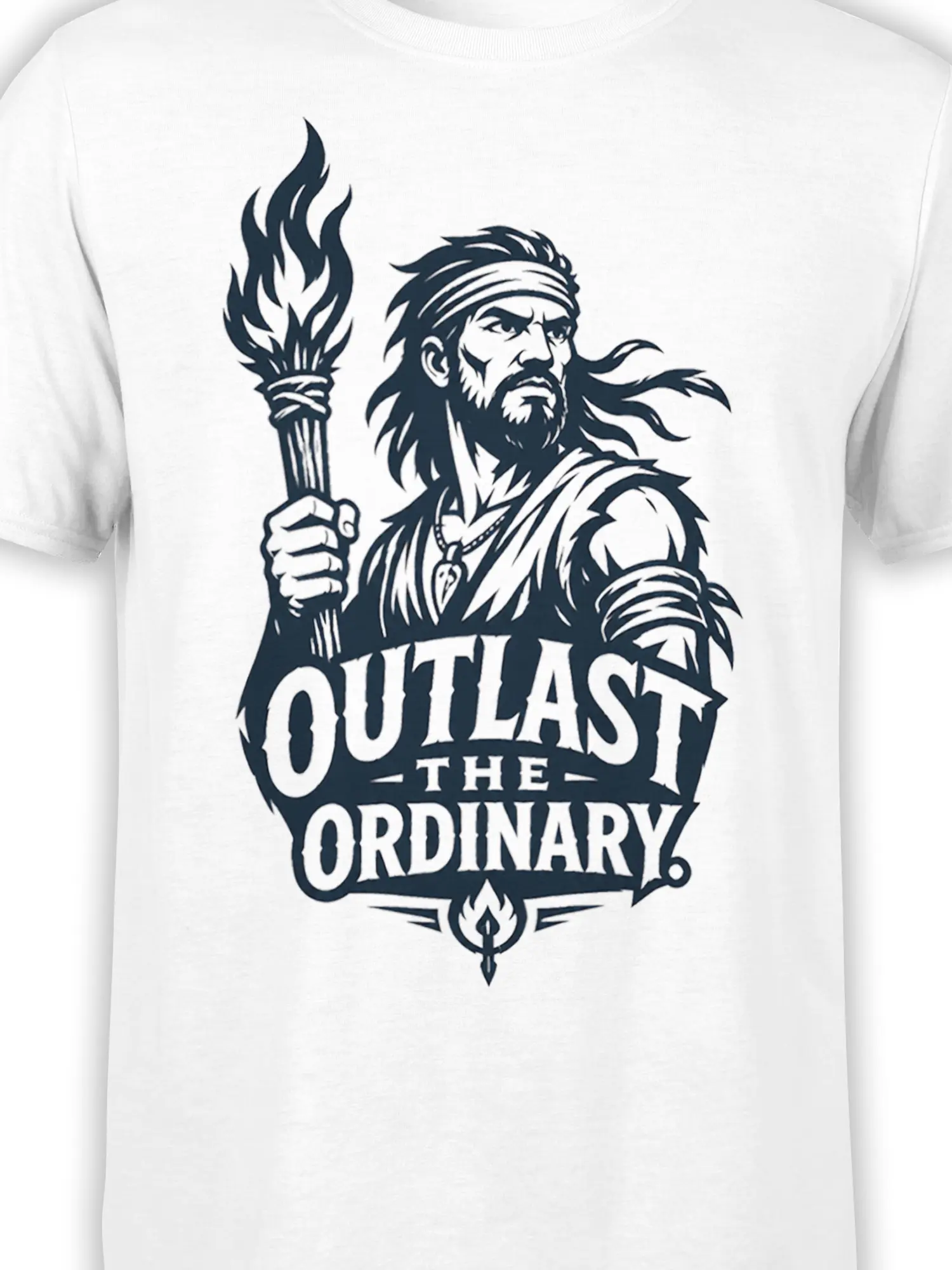 Close-up of the torch-bearing warrior and bold “Outlast the Ordinary” design on a white T-shirt