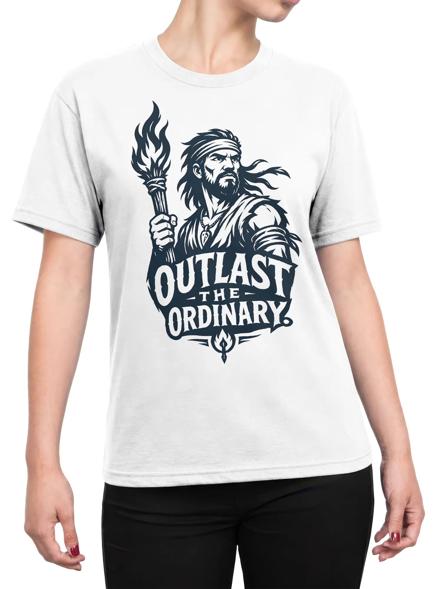 Female torso wearing a white fantasy T-shirt with a torch-bearing warrior and bold “Outlast the Ordinary” design