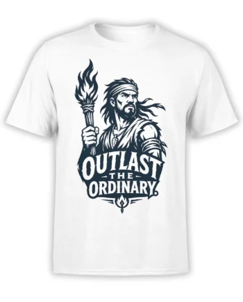 White T-shirt with a bearded warrior holding a flaming torch above “Outlast the Ordinary” lettering