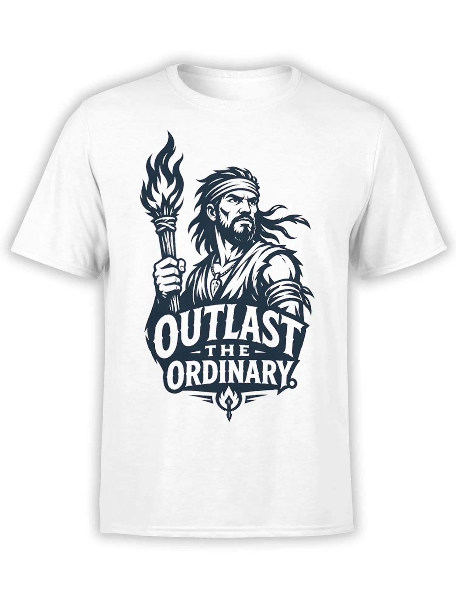 White T-shirt with a bearded warrior holding a flaming torch above “Outlast the Ordinary” lettering