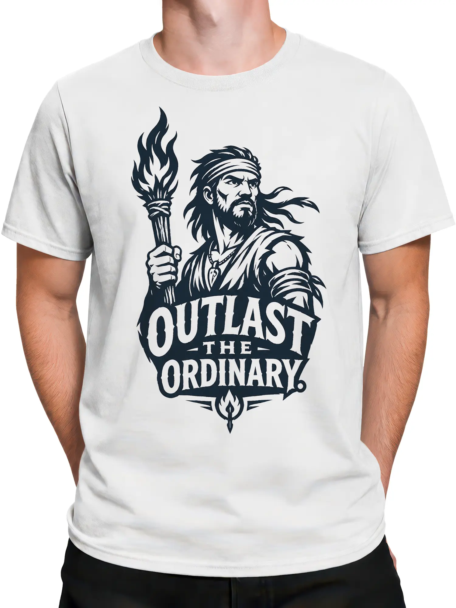 Male torso wearing a white warrior T-shirt with a flaming torch and “Outlast the Ordinary” graphic