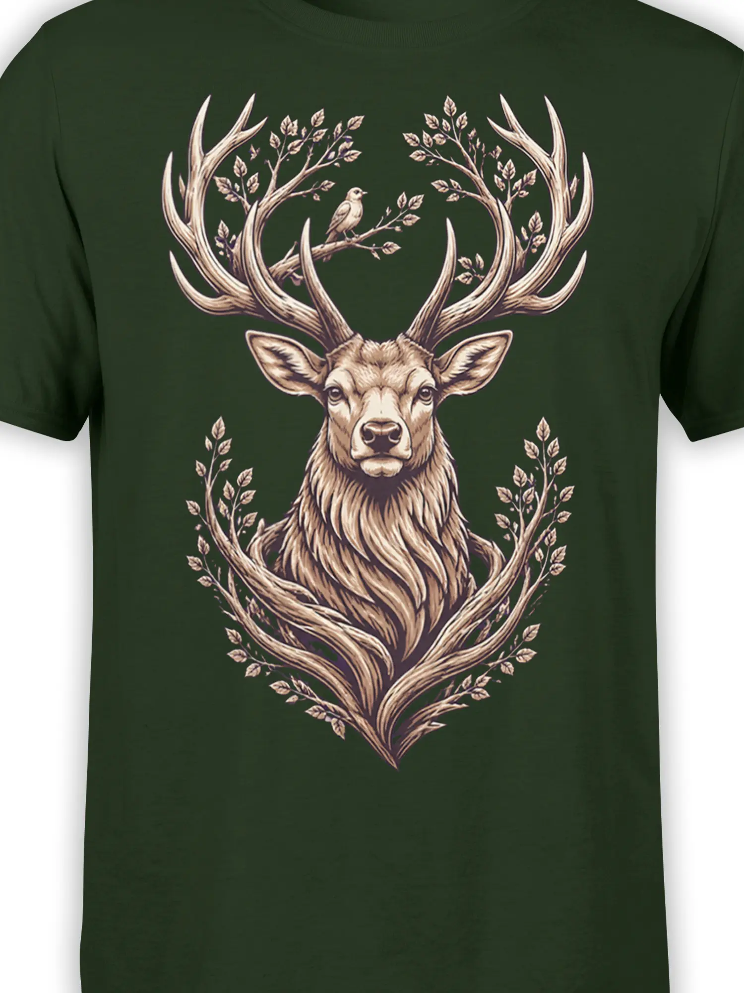 Close-up of deer face, antlers, leafy branches, and bird on a dark green T-shirt
