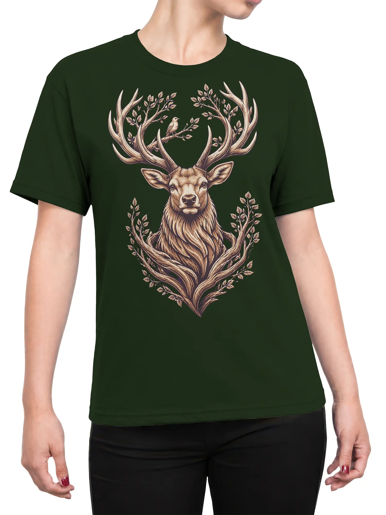 Female torso wearing a dark green T-shirt with a majestic deer and antler artwork