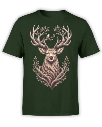 Majestic deer with sweeping antlers and leafy branches printed on a dark green T-shirt
