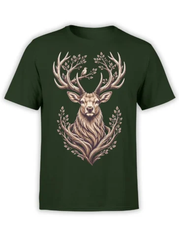 Majestic deer with sweeping antlers and leafy branches printed on a dark green T-shirt