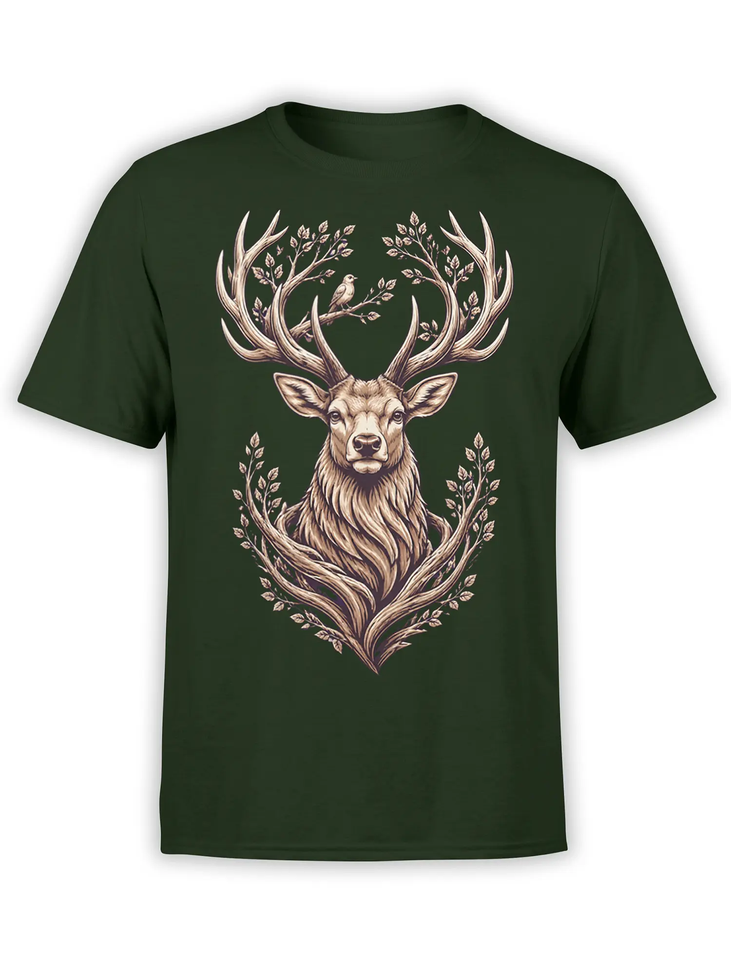 Majestic deer with sweeping antlers and leafy branches printed on a dark green T-shirt