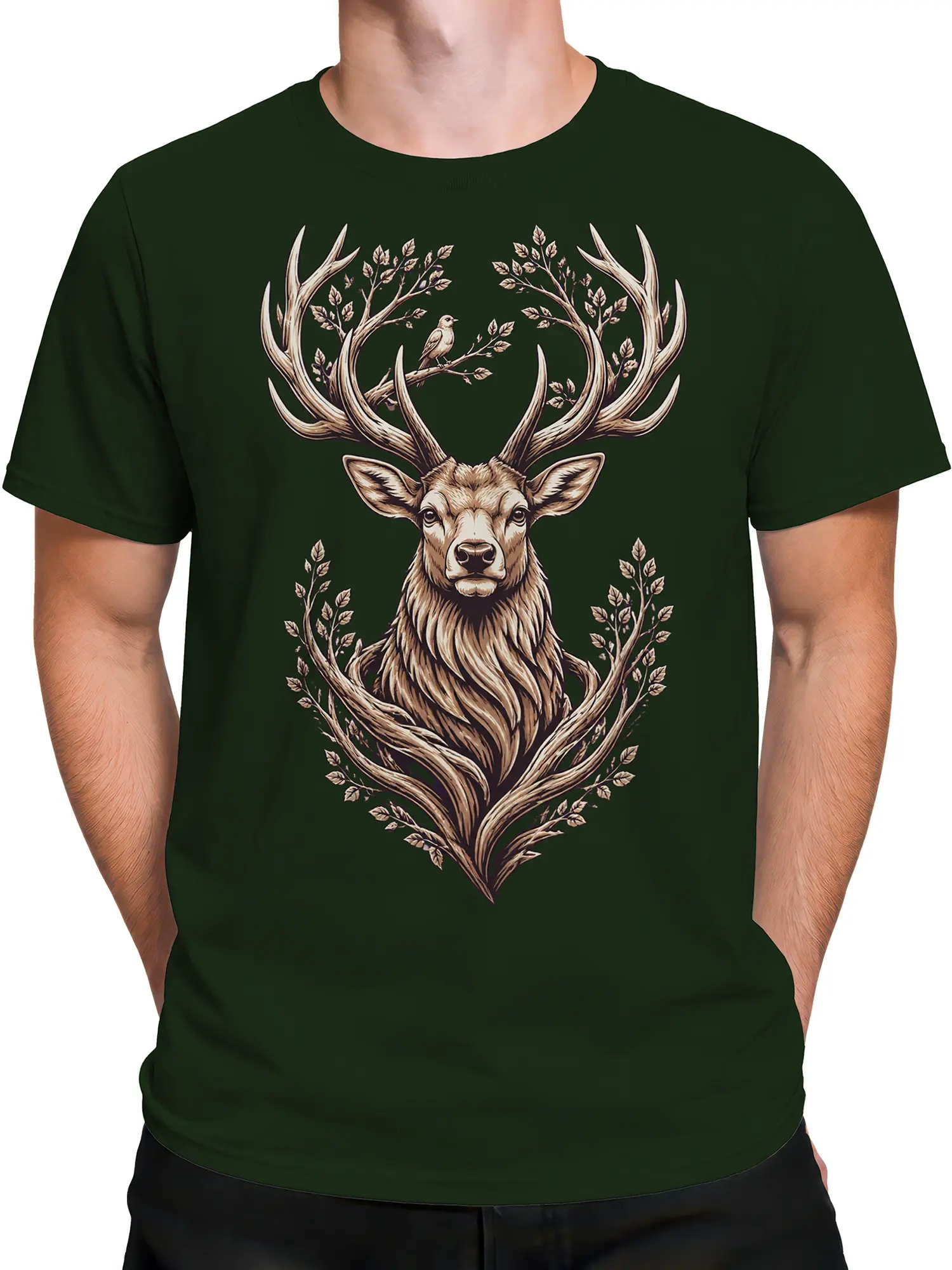 Male torso wearing a dark green T-shirt with a detailed deer and woodland antler design