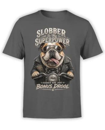 Bulldog biker wearing goggles and a leather jacket on a gray graphic T-shirt with drool lettering