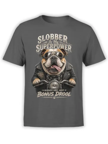 Bulldog biker wearing goggles and a leather jacket on a gray graphic T-shirt with drool lettering